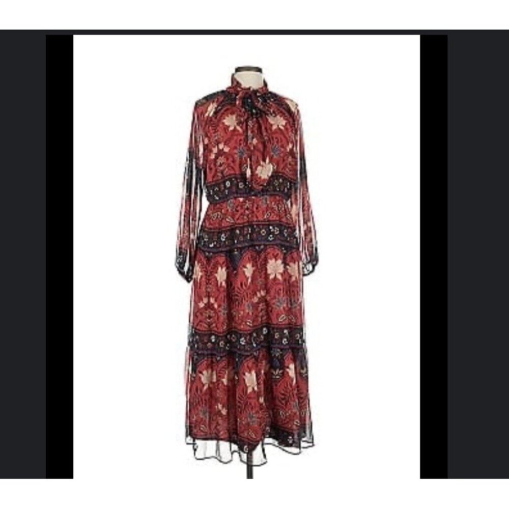 ANN TAYLOR LOFT Red  Colorful Floral Bow Tie Neck Lined‎ Blouson Midi Dress Sz S